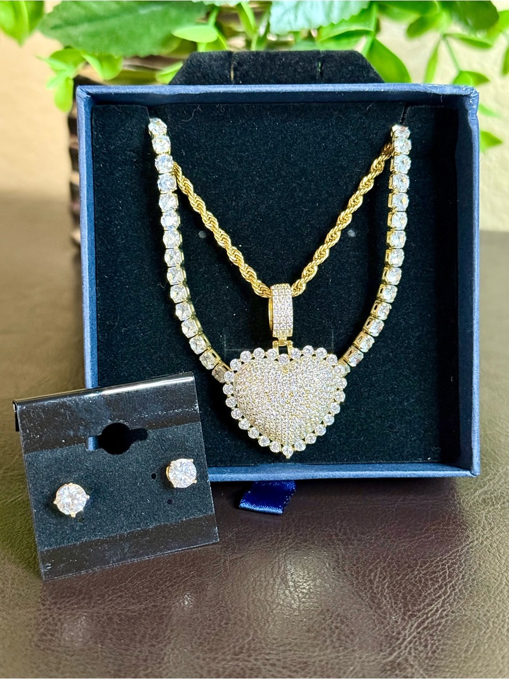 Iced Heart Necklace Set 💎 Gold Rope Chain + Stud Earrings + FREE Tennis Chain
